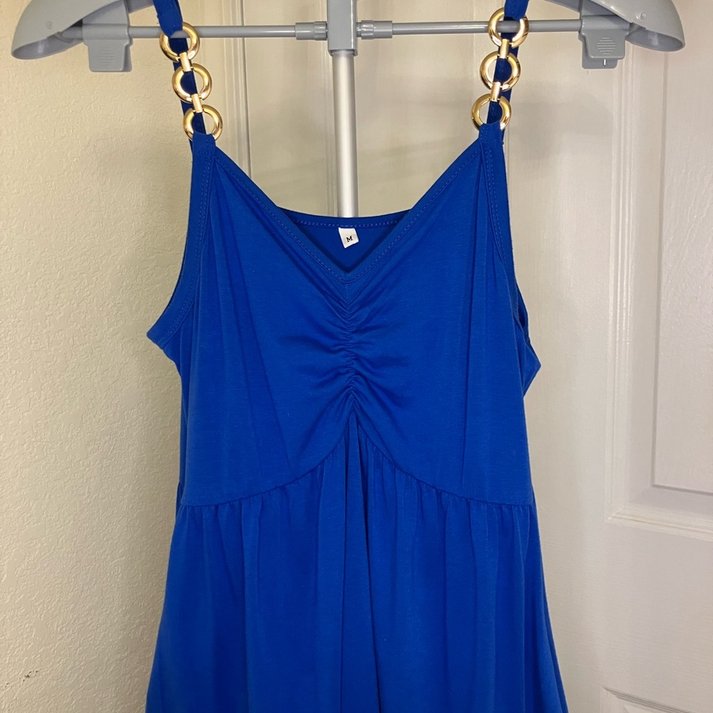 Blue Dress with Gold Chain Straps (Pockets!)
